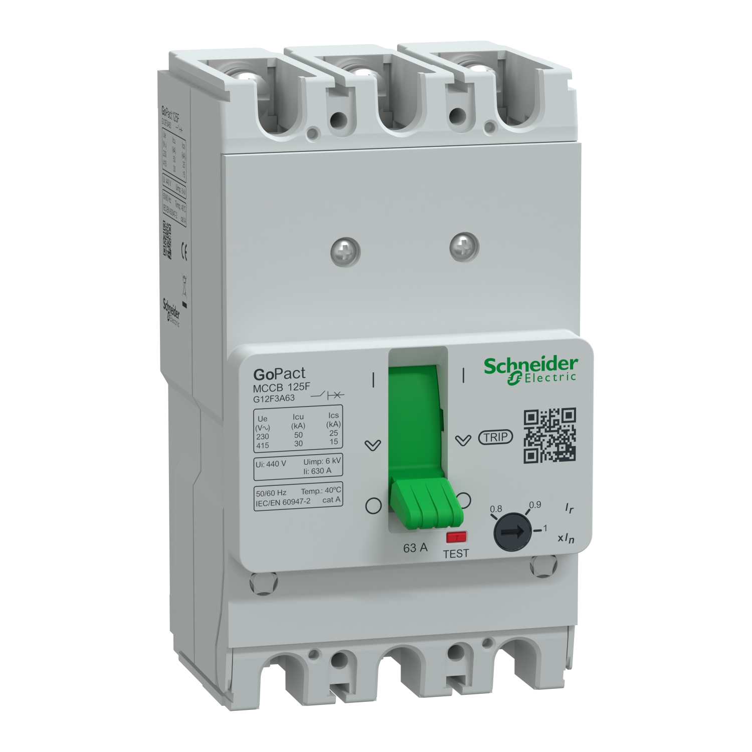 Schneider G12F3A63 | Circuit breaker, GoPact MCCB 125, 3 poles, 30kA at 415VAC, 63A rating, TMD trip unit, adjustable thermal protection 5 G12F3A63_Image_1500.jpg