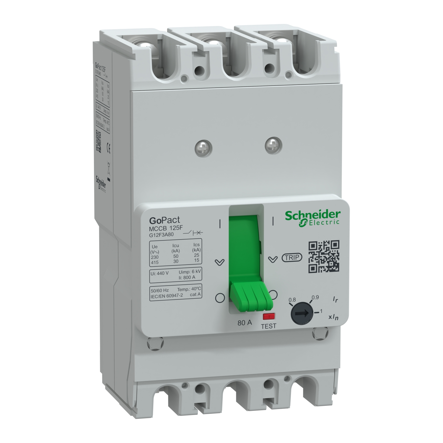 Schneider G12F3A80 | Circuit breaker, GoPact MCCB 125, 3 poles, 30kA at 415VAC, 80A rating, TMD trip unit, adjustable thermal protection 6 G12F3A80_Image_1500.jpg