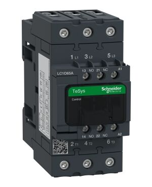 Schneider LC1D65AE7 | IEC contactor, TeSys Deca, nonreversing, 65A, 40HP at 480VAC, up to 100kA SCCR, 3 phase, 3 NO, 48VAC 50/60Hz coil, open