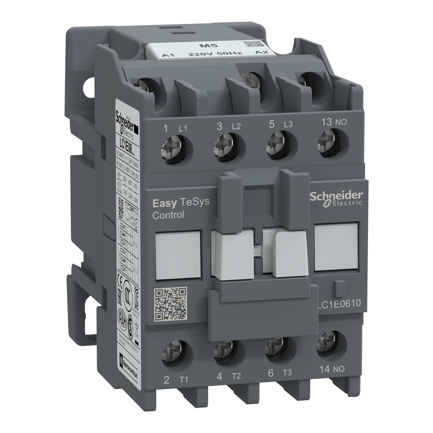 Schneider LC1E0610M5 | Contactor,Easy TeSys Control,LC1E,3P(3NO),AC-3/AC-3e,<=440V,6A,220V AC coil,50Hz,1NO auxiliary contact 6 LC1E0610M5_Image_1500.jpg