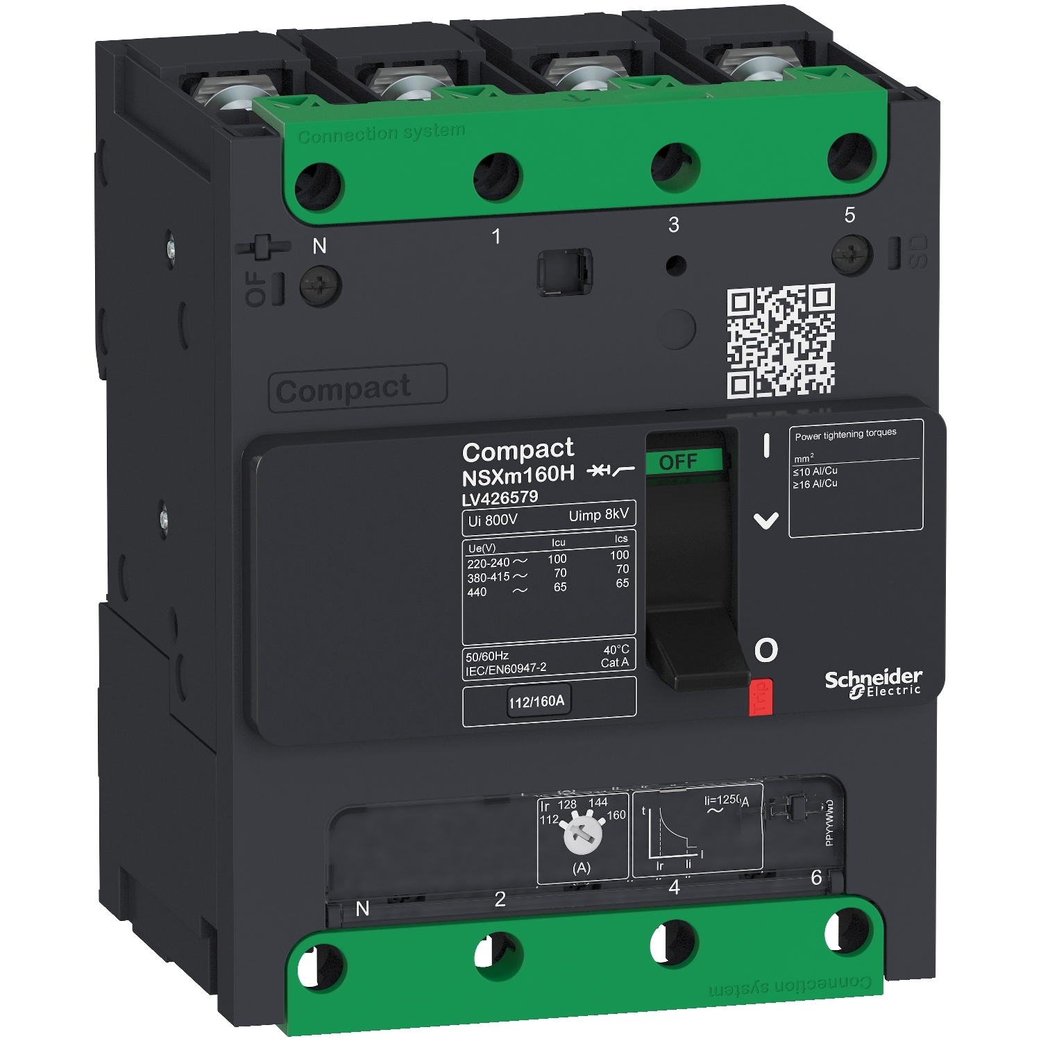 Schneider LV426367 | circuit breaker ComPact NSXm F (36 kA at 415 VAC), 4P 3d, 100 A rating TMD trip unit, compression lugs and busbar connectors 6 PB114895_1500.jpg