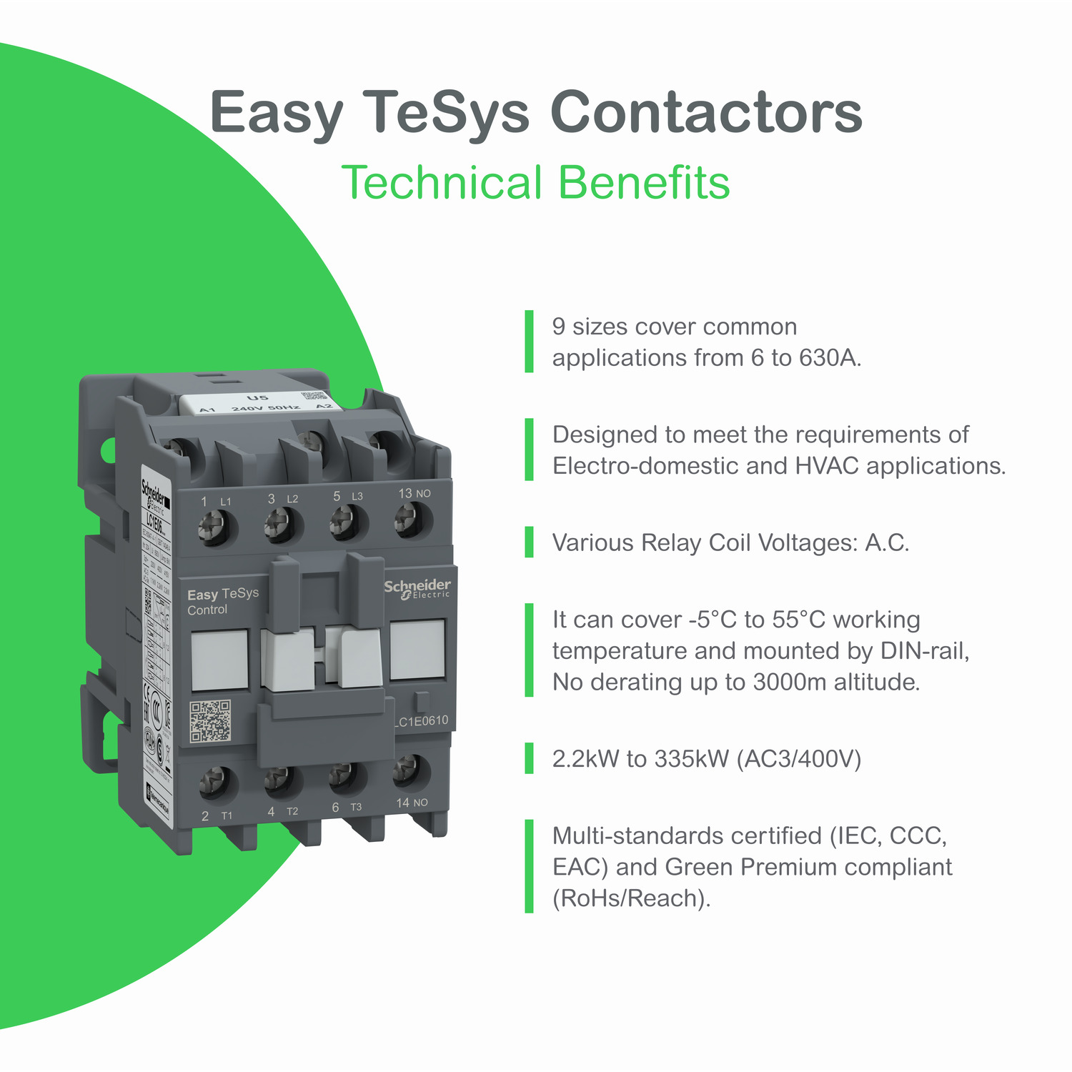Schneider LC1E0901M7 | Contactor,Easy TeSys Control,LC1E,3P(3NO),AC-3/AC-3e,<=440V,9A,220V AC coil,50/60Hz,1NC auxiliary contact - Image 2