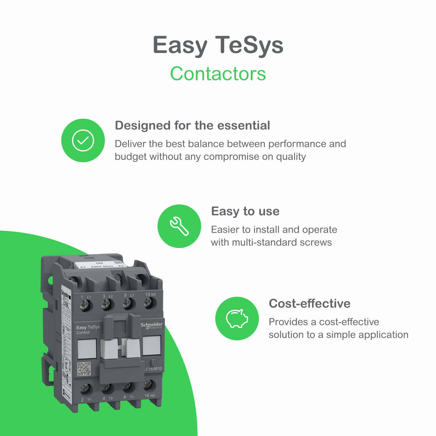 Schneider LC1E0901M7 | Contactor,Easy TeSys Control,LC1E,3P(3NO),AC-3/AC-3e,<=440V,9A,220V AC coil,50/60Hz,1NC auxiliary contact - Image 3