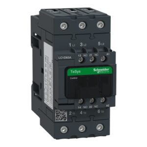 Schneider LC1D65AE7 | IEC contactor, TeSys Deca, nonreversing, 65A, 40HP at 480VAC, up to 100kA SCCR, 3 phase, 3 NO, 48VAC 50/60Hz coil, open