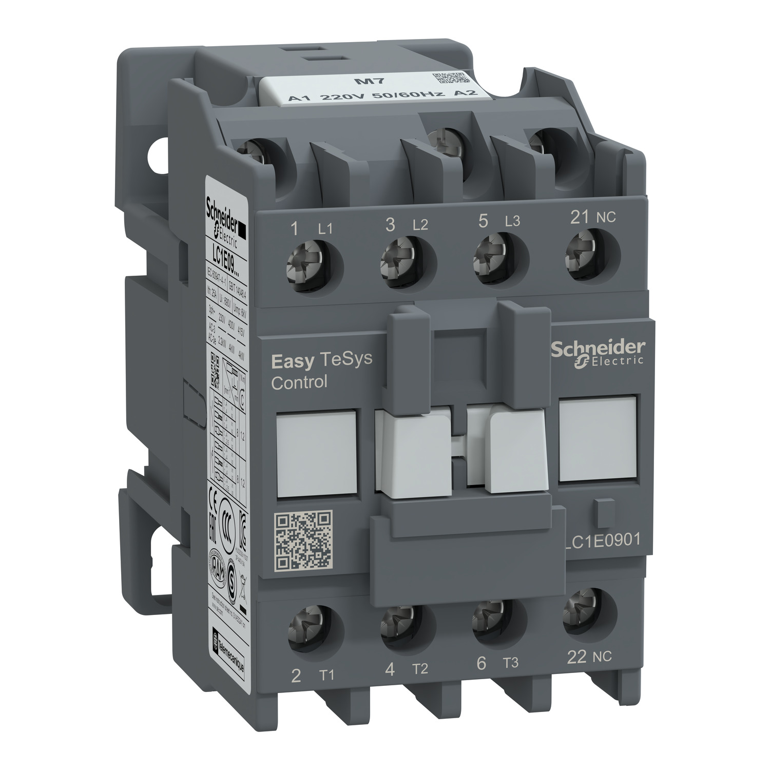Schneider LC1E0901M7 | Contactor,Easy TeSys Control,LC1E,3P(3NO),AC-3/AC-3e,<=440V,9A,220V AC coil,50/60Hz,1NC auxiliary contact
