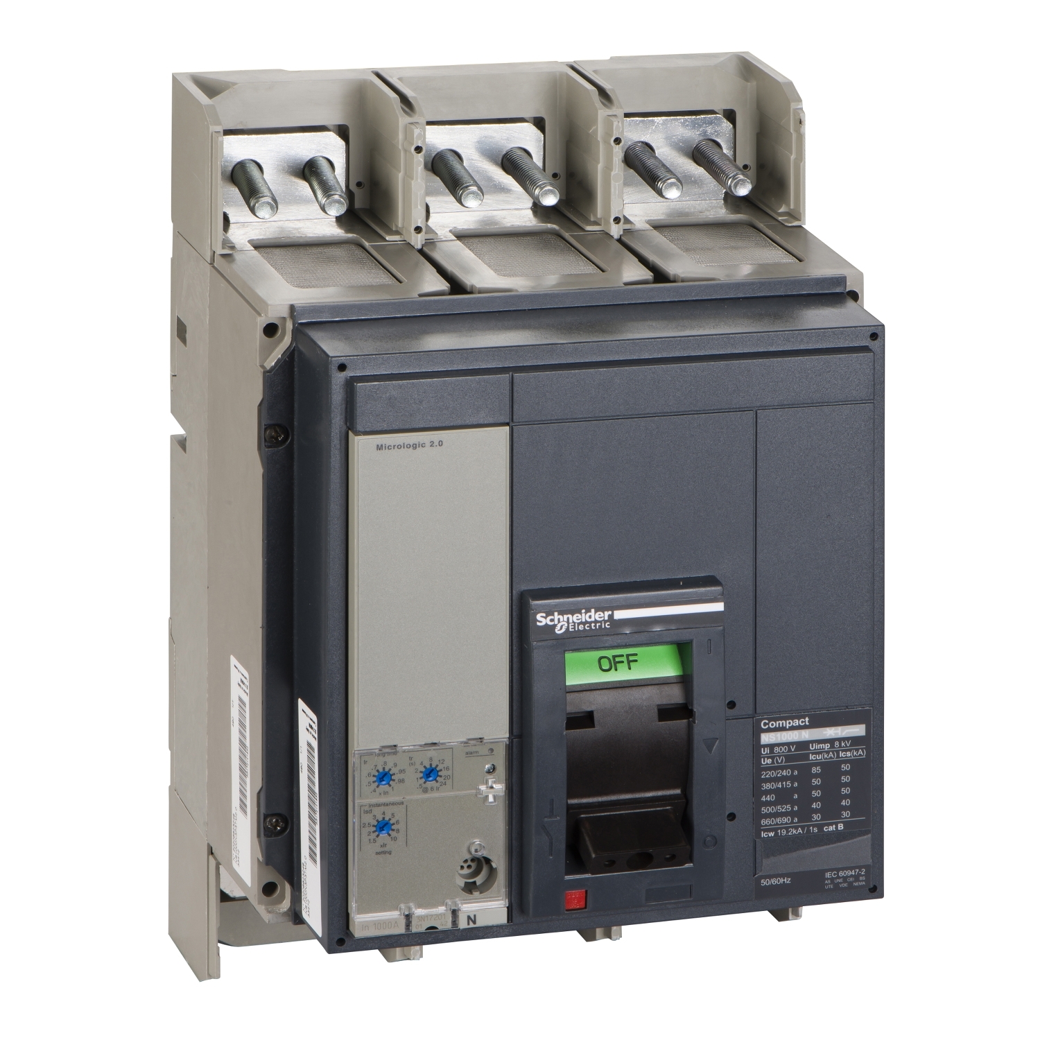 Schneider 33472 | Circuit breaker, ComPact NS1000N, 50kA/415VAC, Micrologic 2.0 trip unit, 1000A, fixed, 3 poles 3d