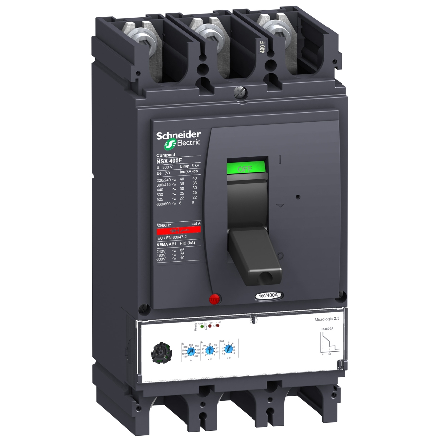 Schneider LV432676 | circuit breaker ComPact NSX400F, 36 kA at 415 VAC, MicroLogic 2.3 trip unit 400 A, 3 poles 3d