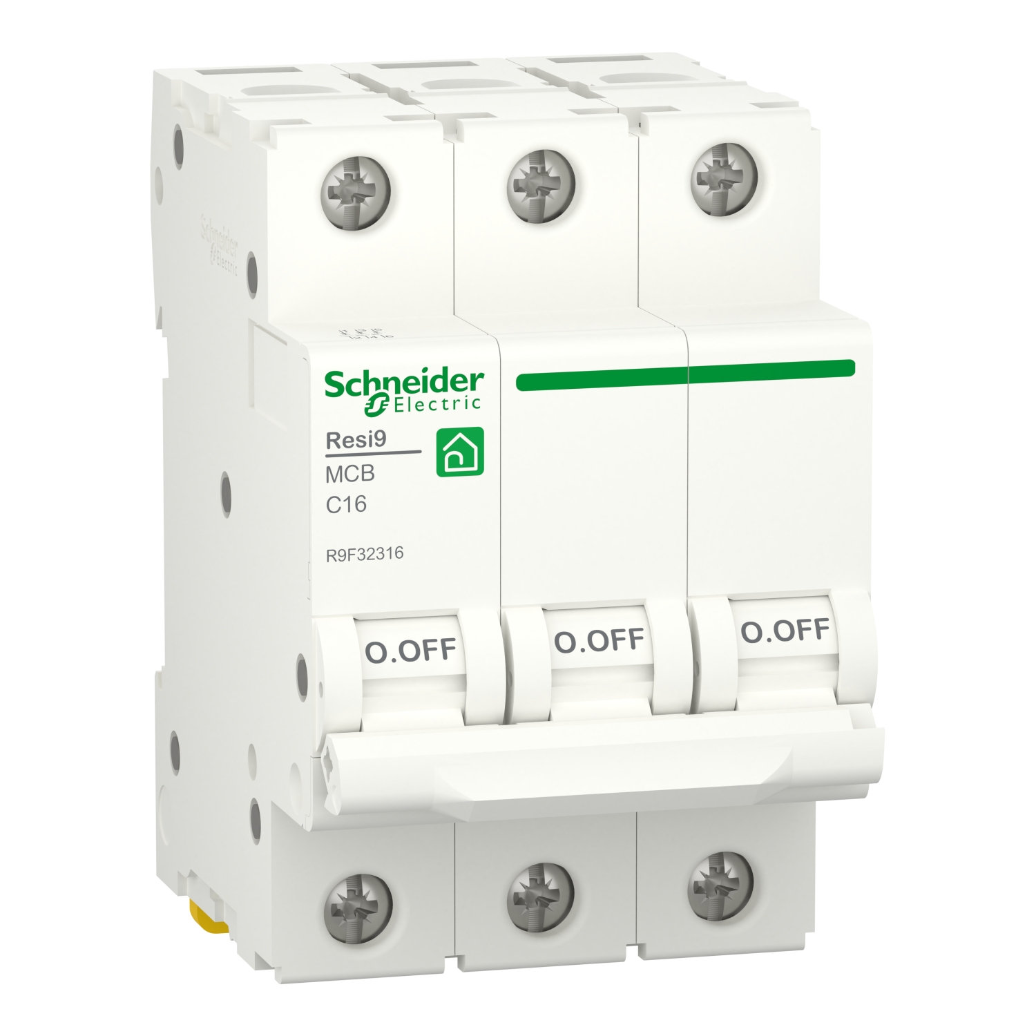 Schneider R9F32316 | Miniature circuit breaker (MCB), Resi9, 3P, 16A, C curve, 4500A (IEC/EN 60898-1)