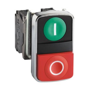 XB4BL73415 | Double-headed push button, metal, Ø22, 1 green flush marked I + 1 red projecting marked O, 1 NO + 1 NC