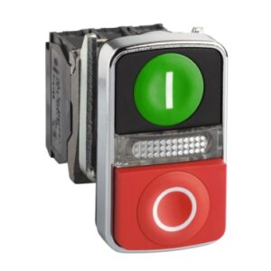 XB4BW73731B5 | Illuminated double-headed push button, metal, Ø22, 1 green flush I + 1 pilot light + 1 red projecting O, 1 NO + 1 NC